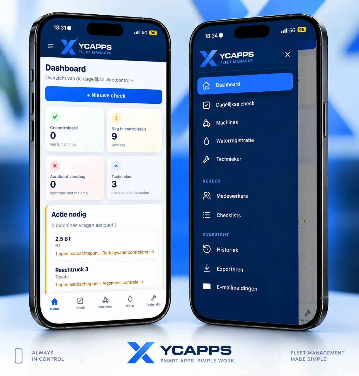 Fleet Manager productmock-up met dashboard en mobiel menu